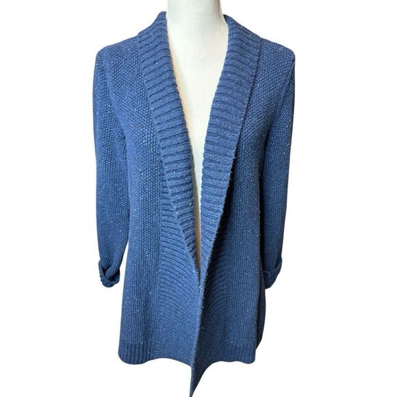 LL Bean Womens Marled Blue Cardigan Sweater Shawl Collar Cable Knit M - Picture 1 of 6